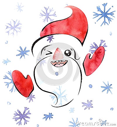 Winking and smiling Santa Claus, handdrawn watercolor illustration with clipping mask, cute kawaii noetic style Cartoon Illustration