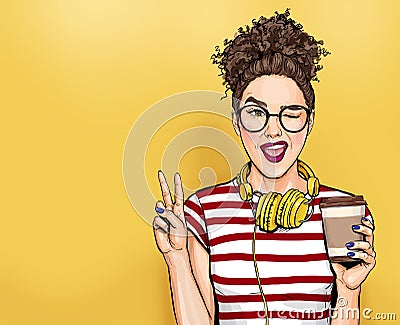 Winking woman in glasses with head phones makes peace gesture Pop art girl holding coffee cup. Stock Photo