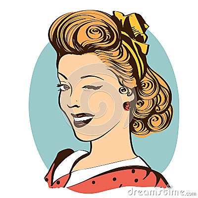 Winking young woman in retro clothes isolated on white Vector Illustration