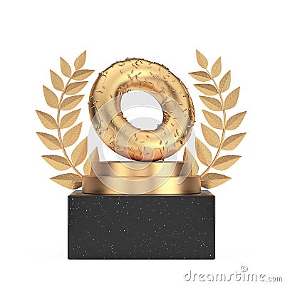 Winner Award Cube Gold Laurel Wreath Podium, Stage or Pedestal with Golden Donut with Golden Sprinkles. 3d Rendering Stock Photo