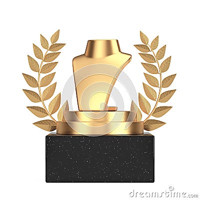 Winner Award Cube Gold Laurel Wreath Podium, Stage or Pedestal with Golden Jewelry Necklace Dummy Stand Mannequin Display. 3d Stock Photo