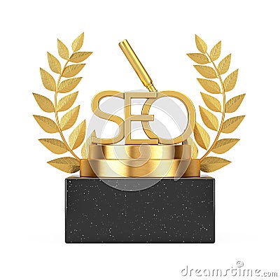 Winner Award Cube Gold Laurel Wreath Podium, Stage or Pedestal with Golden SEO Sign. 3d Rendering Stock Photo