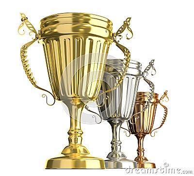 Winner award cups : golden silver and bronze signs Stock Photo