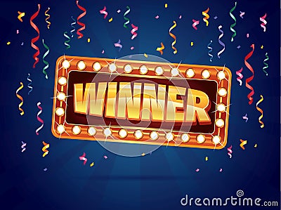 Winner banner with ribbons and confetti on dark background Vector Illustration