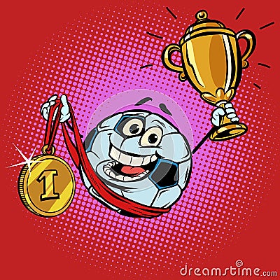 Winner champion Cup first place gold medal. Character soccer bal Vector Illustration