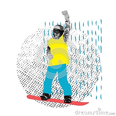 Contemporary art collage. Creative artwork. Excited professional sportsman, female snowboarder in sportswear Stock Photo