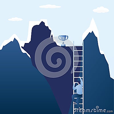 Winner cup on mountain top,businessman climbs the stairs to success Vector Illustration