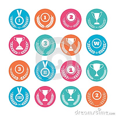 Winner cups and awards wreaths icons Vector Illustration