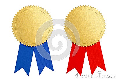 Winner gold seal medal award with blue and red ribbon Stock Photo