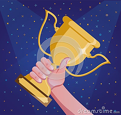 Winner hand holding trophy in spotlight Stock Photo