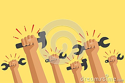 Winner hand up sign. hands shouting with equipment tools logo label. Cartoon Illustration