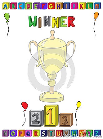Winner lettering A4 Page award for kids with alphabet blocks, winner cup and medal podium Vector Illustration