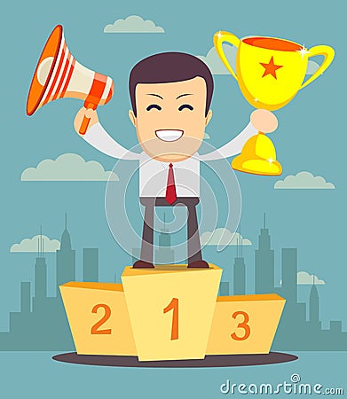 The winner, Man holding winner s trophy award and megaphone. Vector Illustration