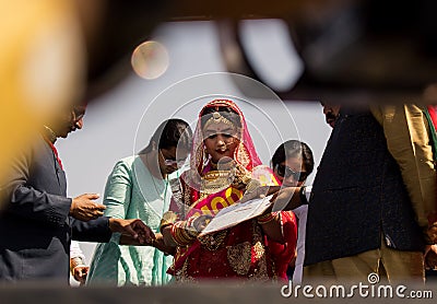 Winner of miss moomal of the desert festival 2021 receives trophy award on stage Editorial Stock Photo