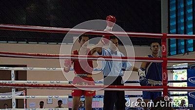 The winner. Muay thai boxing. The boxers fighting on sport boxing ring. Editorial Stock Photo