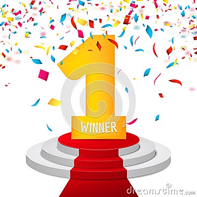 Winner, number one confetti background. Prize award triphy symbol. Victory and success concept. Champion sign Vector Illustration