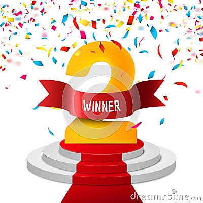 Winner, number two confetti background. Prize award triphy symbol. Victory and success concept. Champion sign Vector Illustration