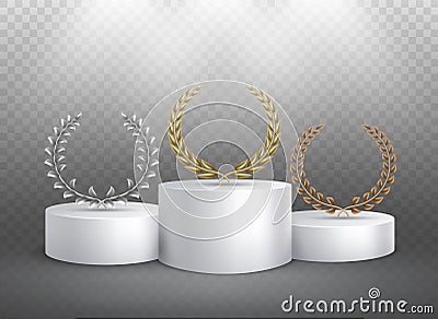 Winner pedestal. Laurel golden emblems on podium reward foliage banner. Pedestal with prize luxury concept illuminated Vector Illustration