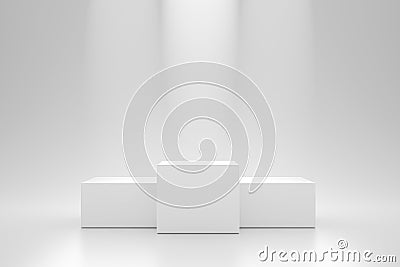 Winner podium and blank stand on pedestal background with spotlight product shelf. Blank studio podium for advertising. 3D Stock Photo
