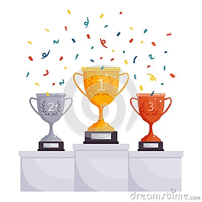 Winner podium cups. Gold, silver, bronze rewards, competition trophy cups, achievement award on pedestal. Victory Vector Illustration