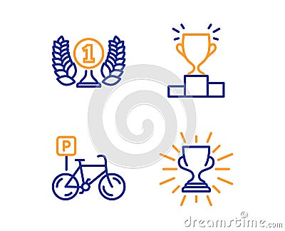 Winner podium, Laureate award and Bicycle parking icons set. Trophy sign. Vector Vector Illustration