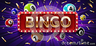 Winner poster with lottery balls with numbers, confetti and golden bingo. Realistic lotto game big win background. Gambling vector Vector Illustration