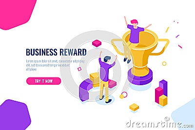 Winner reward isometric, business success, golden cup, people are happy to put their hands up, achievement and Vector Illustration