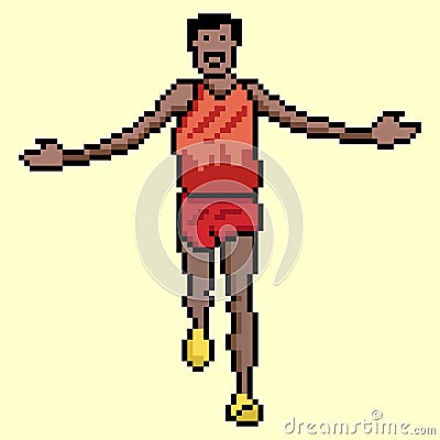 Winner runner crossing finish line in competition with pixel art Vector Illustration