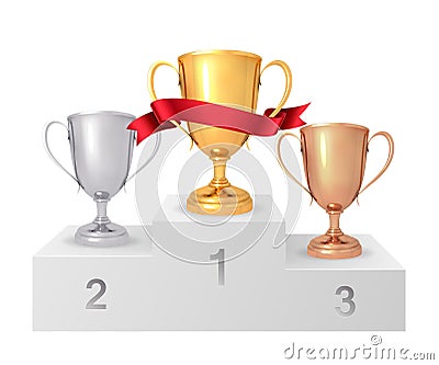 The winner`s cups. White winners podium. Pedestal. Set of realistic gold, silver, bronze cup. Vector illustration Cartoon Illustration