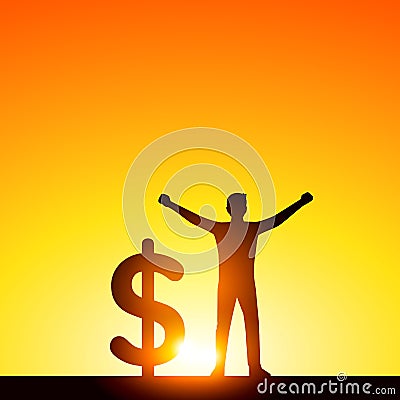 Winner silhouette.a man raising his arms with dollar sign Vector Illustration