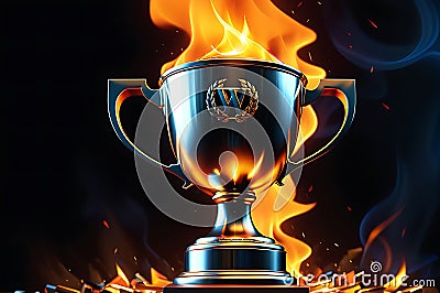 Winner trophy engulfed in vibrant flames, center-focused with a lens blur effect, creating an indistinct and dynamic glow Stock Photo