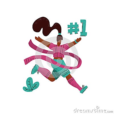 Winner woman running into the finish. Happy hand drawn sports woman crossing finish tape. Athletic girl taking part in running Stock Photo