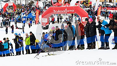 Winners Ebba Andersson, Solleftea Skiing IF, at the finish in the ski race Fjalltoppsloppet mountain top race 35 km in Bruksvall Editorial Stock Photo