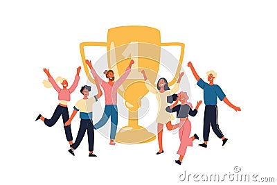Winners with golden trophy, cheerful team members happy with prize, cup, champions, sportsmen with first place goblet Vector Illustration