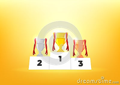 Winners podium with cups. Prizes for the Champions. Gold, silver and bronze cups. Vector Illustration