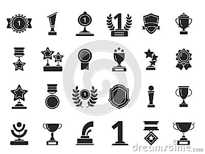 Winners trophies icons. Cups awards medals with ribbons vector black silhouettes isolated Vector Illustration