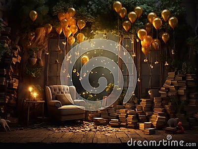 Winnie the Pooh with yellow balloons and lanterns on a dark background Stock Photo
