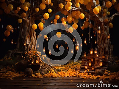 Winnie the Pooh with yellow balloons and lanterns on a dark background Stock Photo