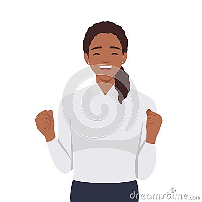 Winning gesture of happy confident woman expressing positive emotion. Successful Cartoon Illustration