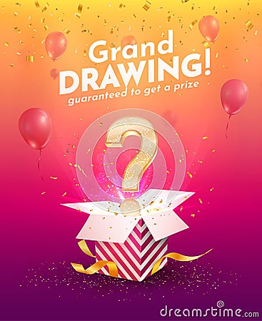 Winning gifts lottery vector illustration. Grand drawing. Open textured box with golden question mark and confetti Vector Illustration