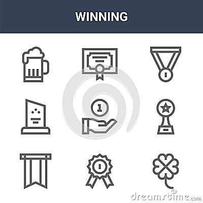 9 winning icons pack. trendy winning icons on white background. thin outline line icons such as clover, award, diploma . winning Vector Illustration