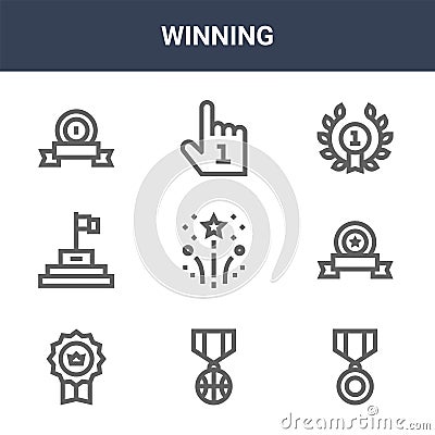 9 winning icons pack. trendy winning icons on white background. thin outline line icons such as medal, medal, glove . winning icon Vector Illustration