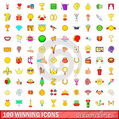 100 winning icons set, cartoon style Vector Illustration