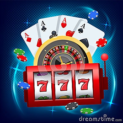 Winning slot machine, playing cards and roulette wheel fly casino Vector Illustration