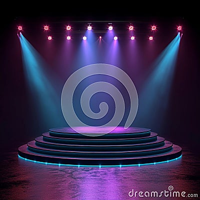 Winning stage Illuminated stage podium with empty pedestal for awards Stock Photo