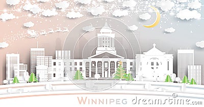 Winnipeg Canada City Skyline in Paper Cut Style with Snowflakes, Moon and Neon Garland Stock Photo