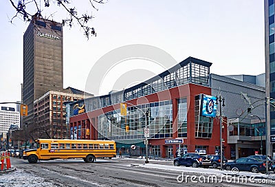 Winnipeg, Manitoba, Canada - 2014 11 18: Winter view across Portage avenue on MTS Centre arena. The indoor arena in Editorial Stock Photo