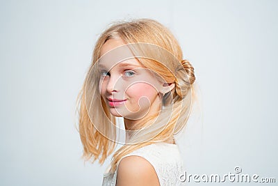 Wintage teen style. Happy blond teenager girl. Skincare and natural makeup for retro blonde teen. Beauty hairdresser Stock Photo