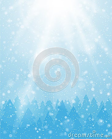 Winte forest snowfall landscape. Sunny snowy day. Vector Illustration