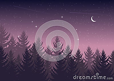 Winter night pine forest with sky with stars and moon. christmas theme. new year weather. background Vector Illustration